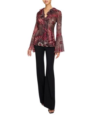 SYDNEY Long Sleeve Button Down Blouse with Ruffles in Silk Modern Gingham Floral Print