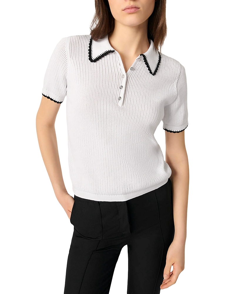 Maje Pointelle Knit Crochet Polo Shirt In White/black