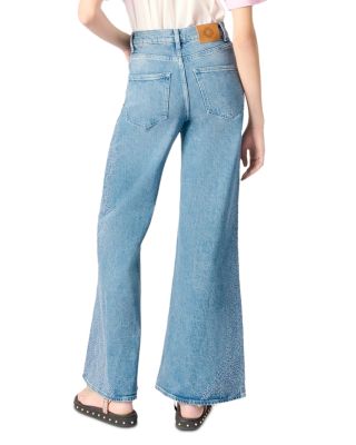 Embroidered High Rise Flared Jeans in Blue