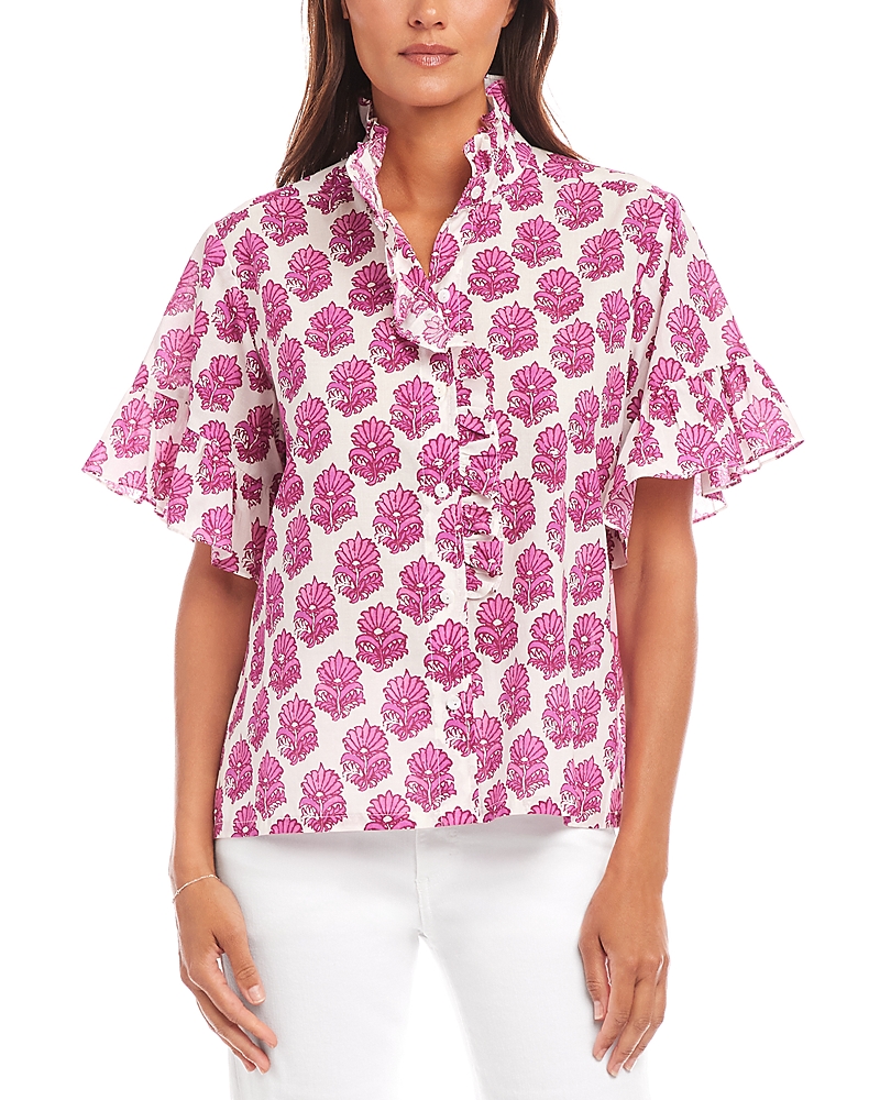 Karen Kane Floral Ruffle Accent Cotton Button-up Shirt In Print