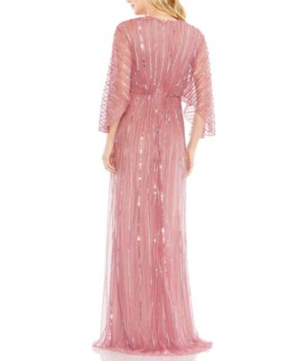  Beaded Striping Kimono Sleeve V Neck Gown