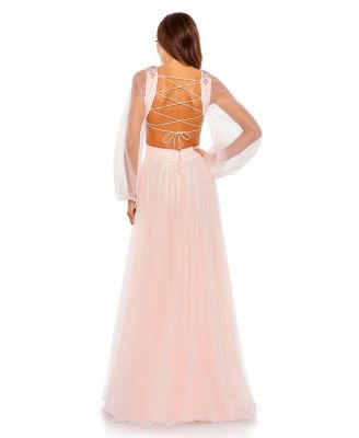 Mac Duggal Tulle Sheer Long Sleeve Cut Out Lace Up A Line Gown
