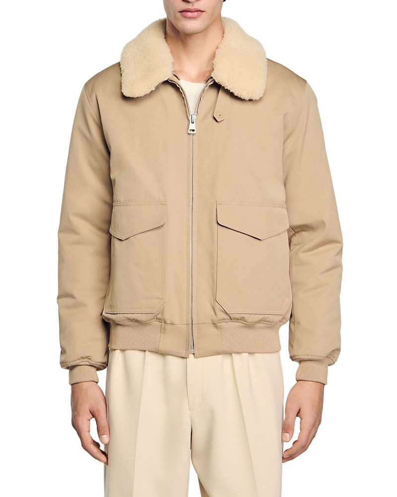Sandro Mens Fleece-collar Patch-pocket Wool-blend Aviator Jacket Naturels In Sand