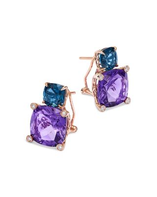 Amethyst, London Blue Topaz & Diamond Cushion Cut Earrings in 14K Rose Gold