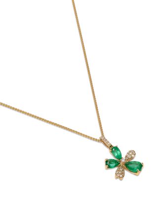 Emerald & Diamond Flower Pendant Necklace in 14K Yellow Gold, 18"