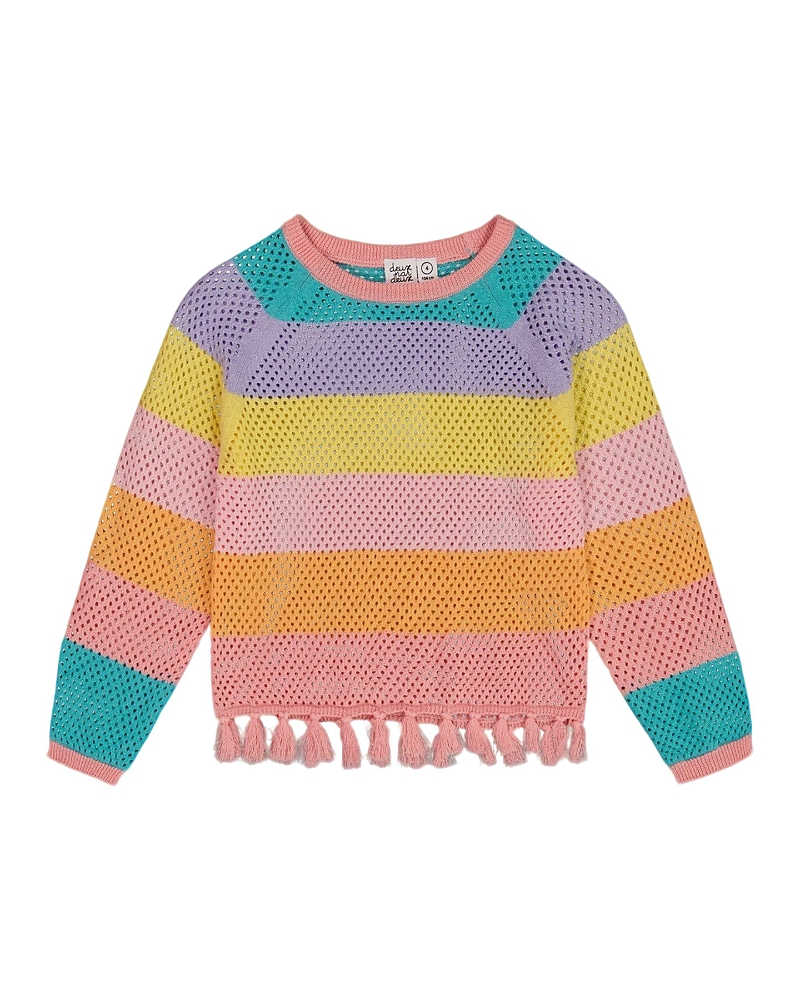 Deux Par Deux Girl's Cotton Sweater With Fringe Multicolor Stripes In Multicolored Stripes