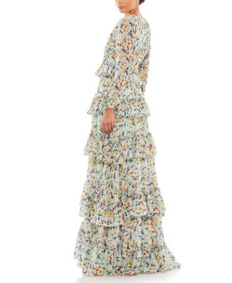 Floral Printed Tiered Ruffle Long Sleeve Gown