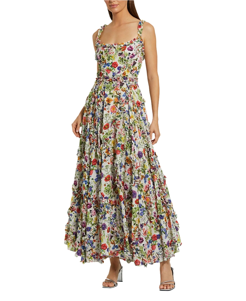 Mac Duggal Ruffle Floral Sweetheart Neck Gown In White Multi