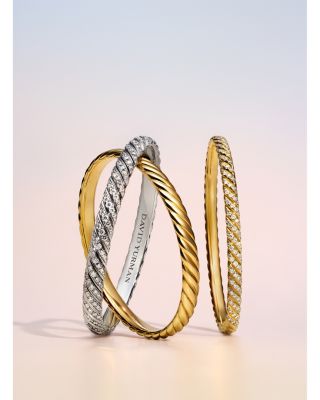 Sculpted Cable Bangle Bracelet in 18K White Gold with Diamonds, 6.2mm