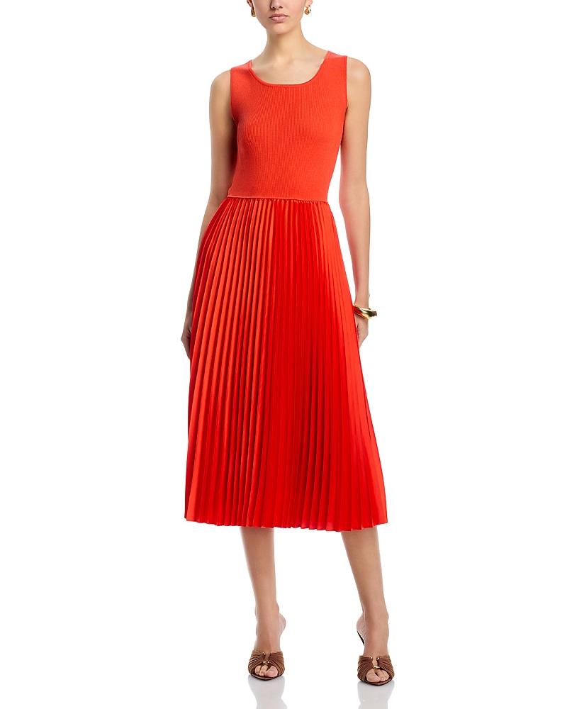 Elie Tahari The Mave Pleated Mixed Media Midi Sweater Dress In Orange Dream