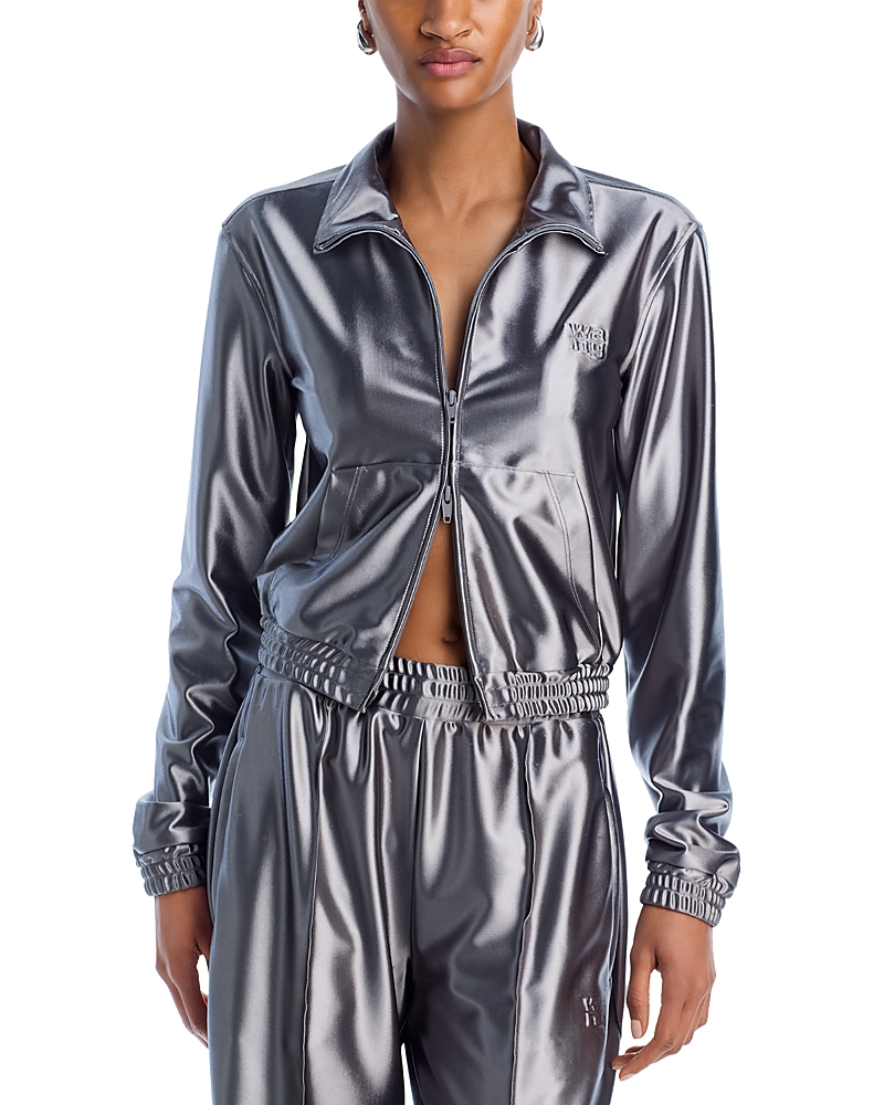 Alexander Wang T Alexanderwang.t Shrunken Logo-embossed Satin Track Jacket In Gray
