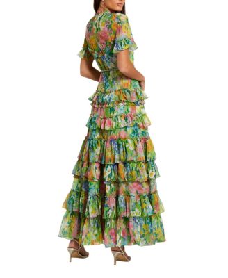 Floral Printed Chiffon Tiered Ruffle Gown