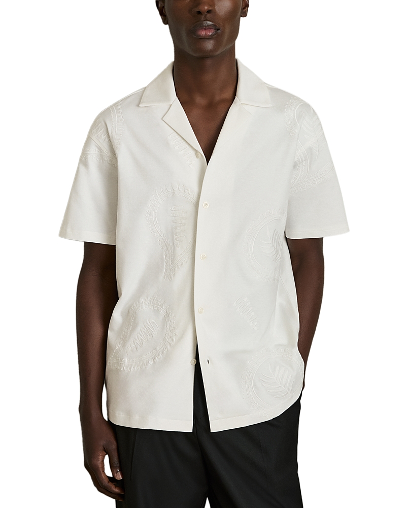 Reiss Short Sleeve Embroidered Paisley Camp Shirt In White