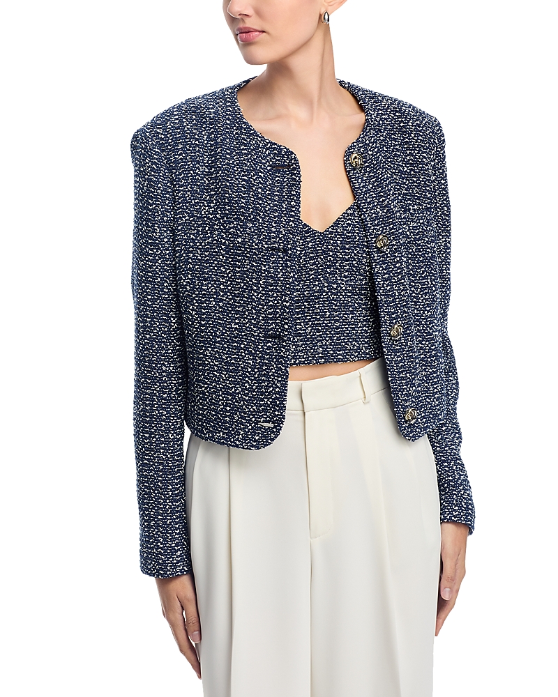 Hugo Boss Boss Jolena Crop Tweed Jacket In Navy Crotchet Tweed