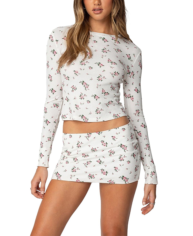 Shop Edikted Melany Floral Waffle T Shirt In Cream