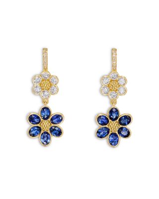 18K Yellow Gold FJ Blue Sapphire &amp; Diamond Fiori Flower Drop Earrings