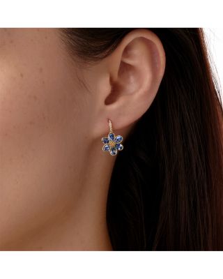 18K Yellow Gold FJ Blue Sapphire &amp; Diamond Fiori Flower Drop Earrings