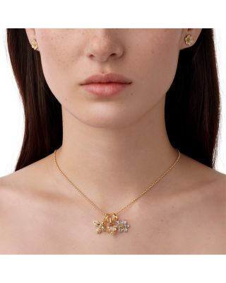 18K Yellow Gold FJ Crystal, Moonstone & Diamond Bee, Flower, & Amulet Triple Charm Pendant Necklace, 16-18"