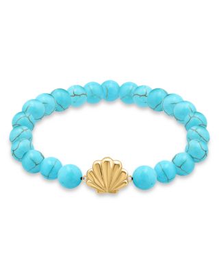 Clam Shell Charm Gemstone Beaded Stretch Bracelet in 18K Gold Plated Sterling Silver - Exclusive