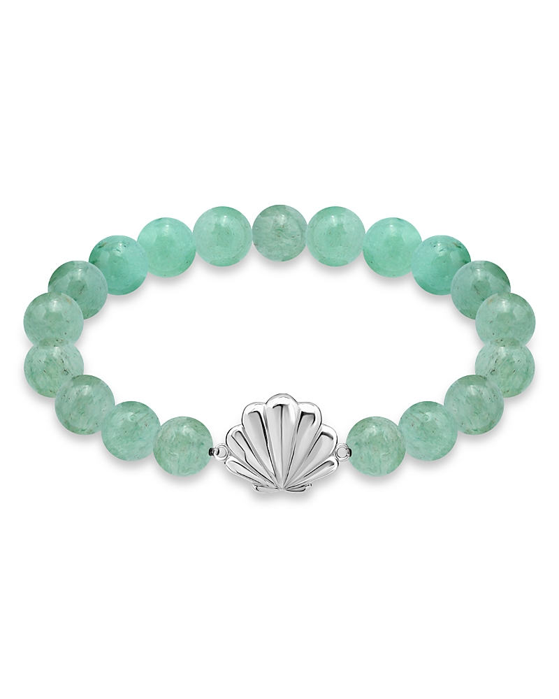 Aqua Clam Shell Charm Gemstone Beaded Stretch Bracelet In Sterling Silver - Exclusive