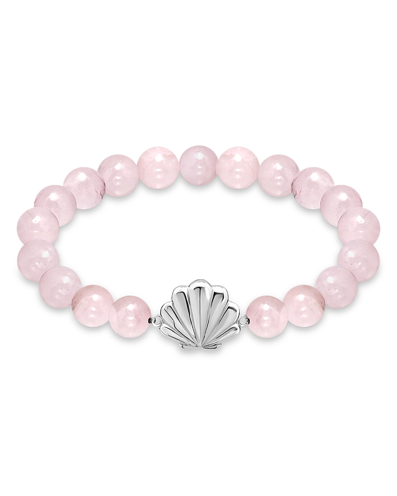 Aqua Clam Shell Charm Gemstone Beaded Stretch Bracelet in Sterling Silver - Exclusive