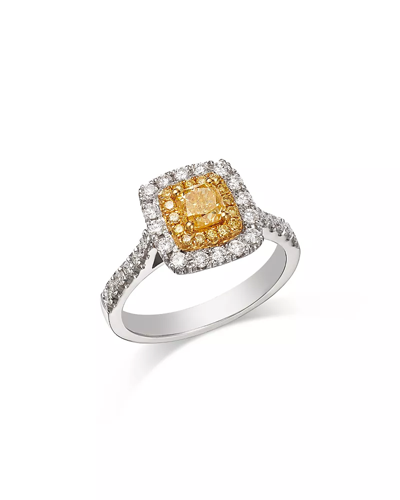 Bloomingdale's Fine Collection White & Yellow Diamond Cushion Square Halo Ring in 18K Yellow & White Gold, 1.15 tcw