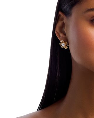 Freshwater Pearl & Diamond Flower Stud Earrings in 14K Yellow Gold