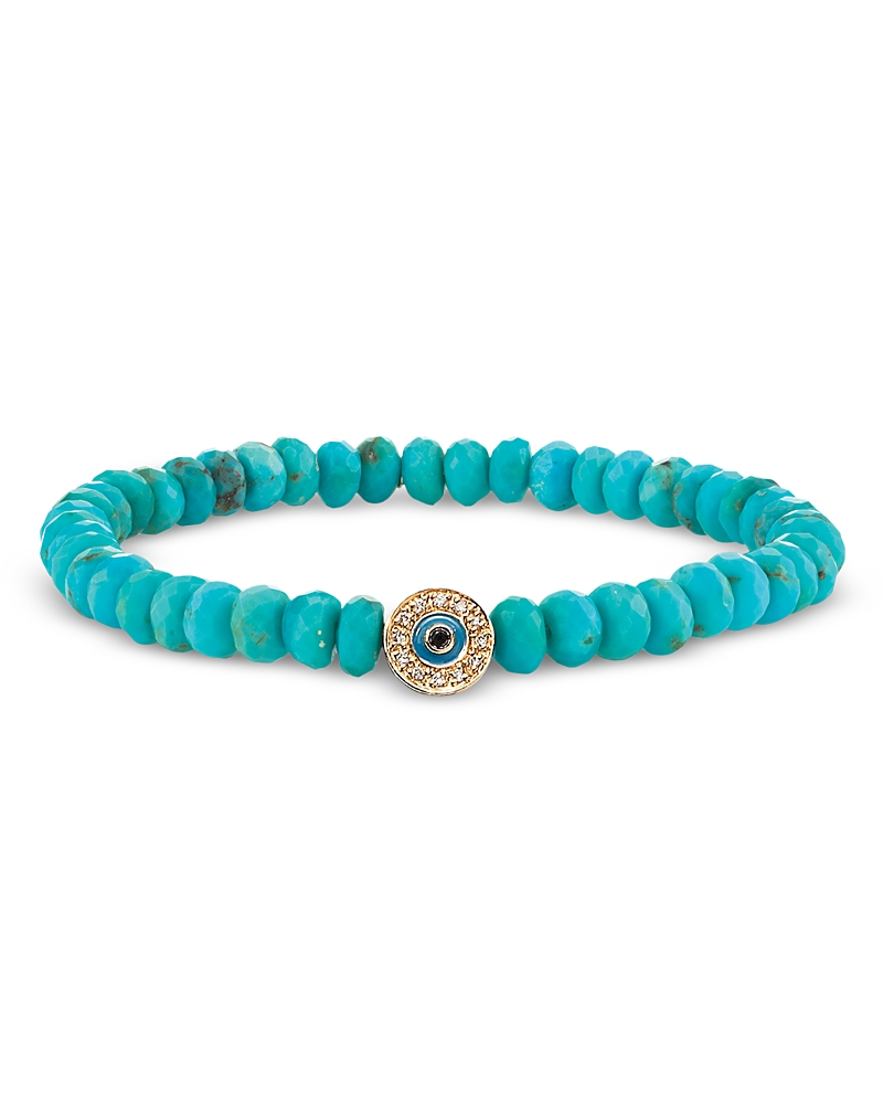 Sydney Evan 14k Yellow Gold Turquoise & Diamond Evil Eye Bead Bracelet In Blue
