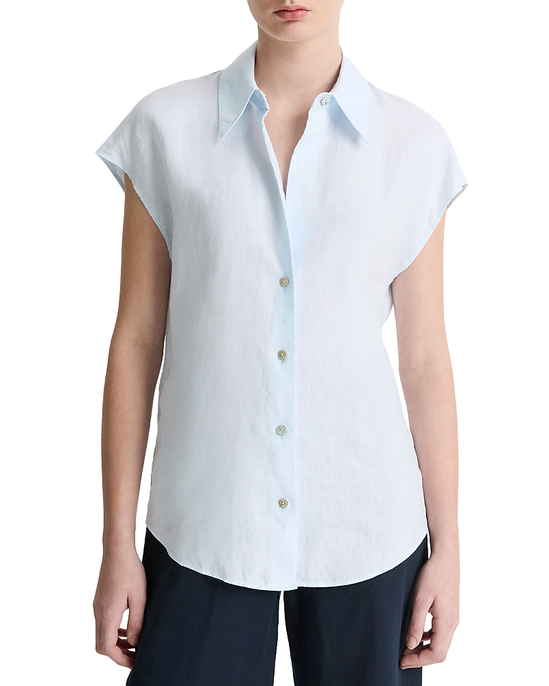 Vince Cap-sleeve Linen Button-front Blouse In Blue