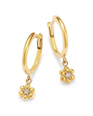 14K Yellow Gold Prong Diamonds Flower Dangle Huggie Hoop Earrings