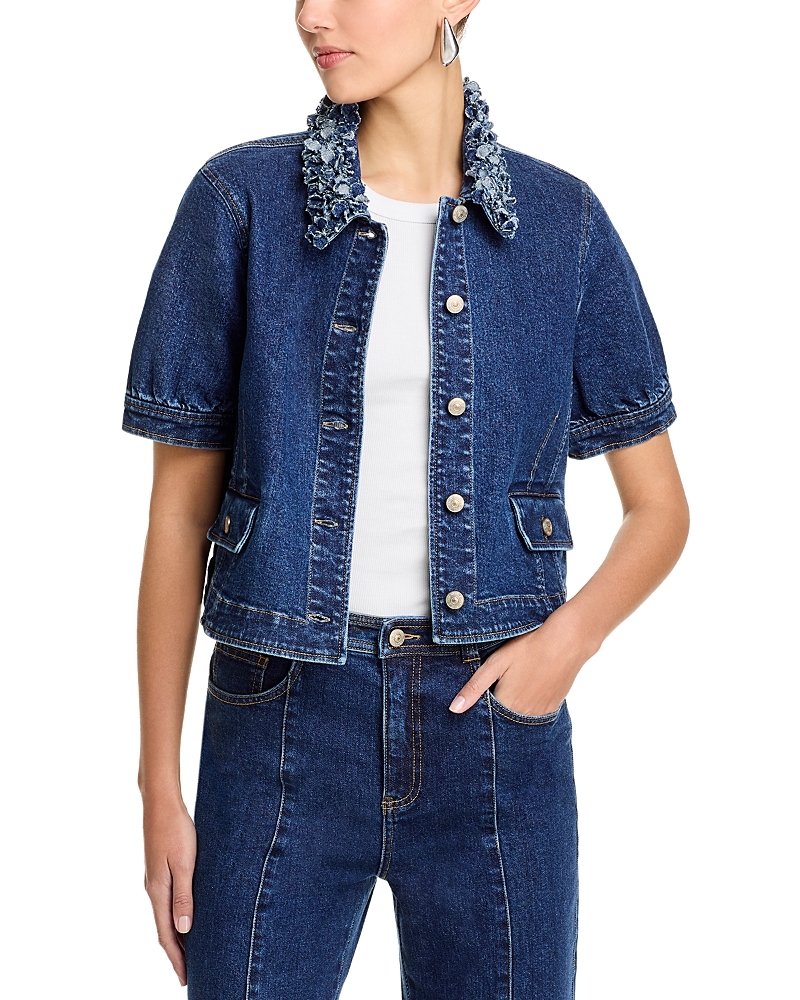 Cinq À Sept Ethel Petal Collar Short Sleeve Denim Jacket In Blue