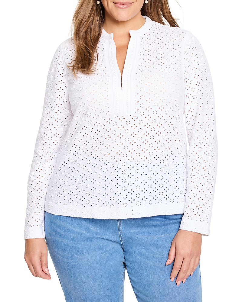 Nic+zoe Plus Knit Eyelet Split V Neck Top In Paper White