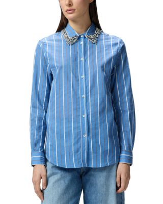 PINKO - Rhinestone Collar Striped Blouse