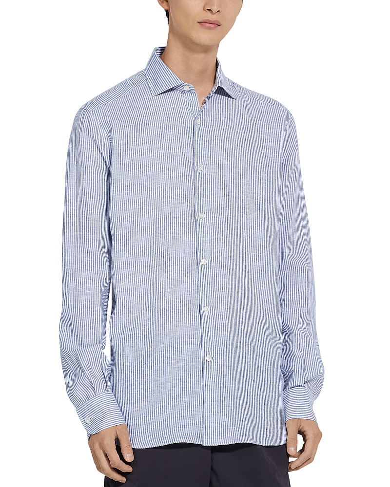 Zegna Stripe Oasi Linen Button-up Shirt In Navy Blue/white