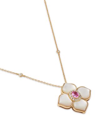 Pink Sapphire & Mother of Pearl Flower Pendant Necklace in 14K Yellow Gold, 18"