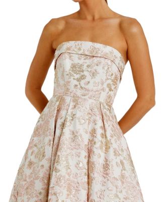 Strapless Floral Brocade A Line Midi Dress