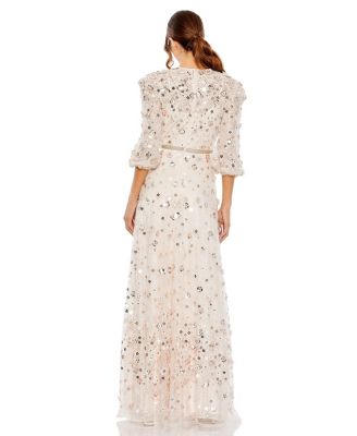 Floral Applique Puff Sleeve High Neck A-Line Gown