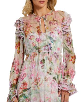 Long Sleeve Tie Neck Ruffle Detail Floral Dress