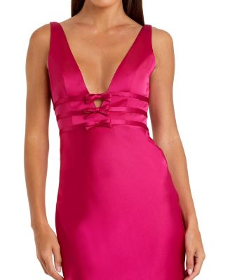  Sleeveless V Neck Satin Gown with Bow Details