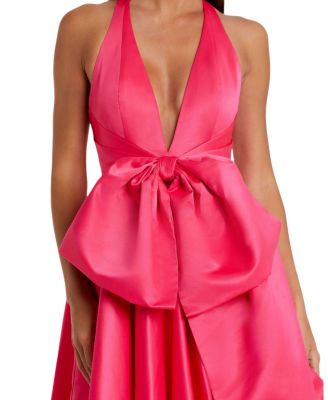  Sleeveless Deep V Satin Gown with Oversized Bow