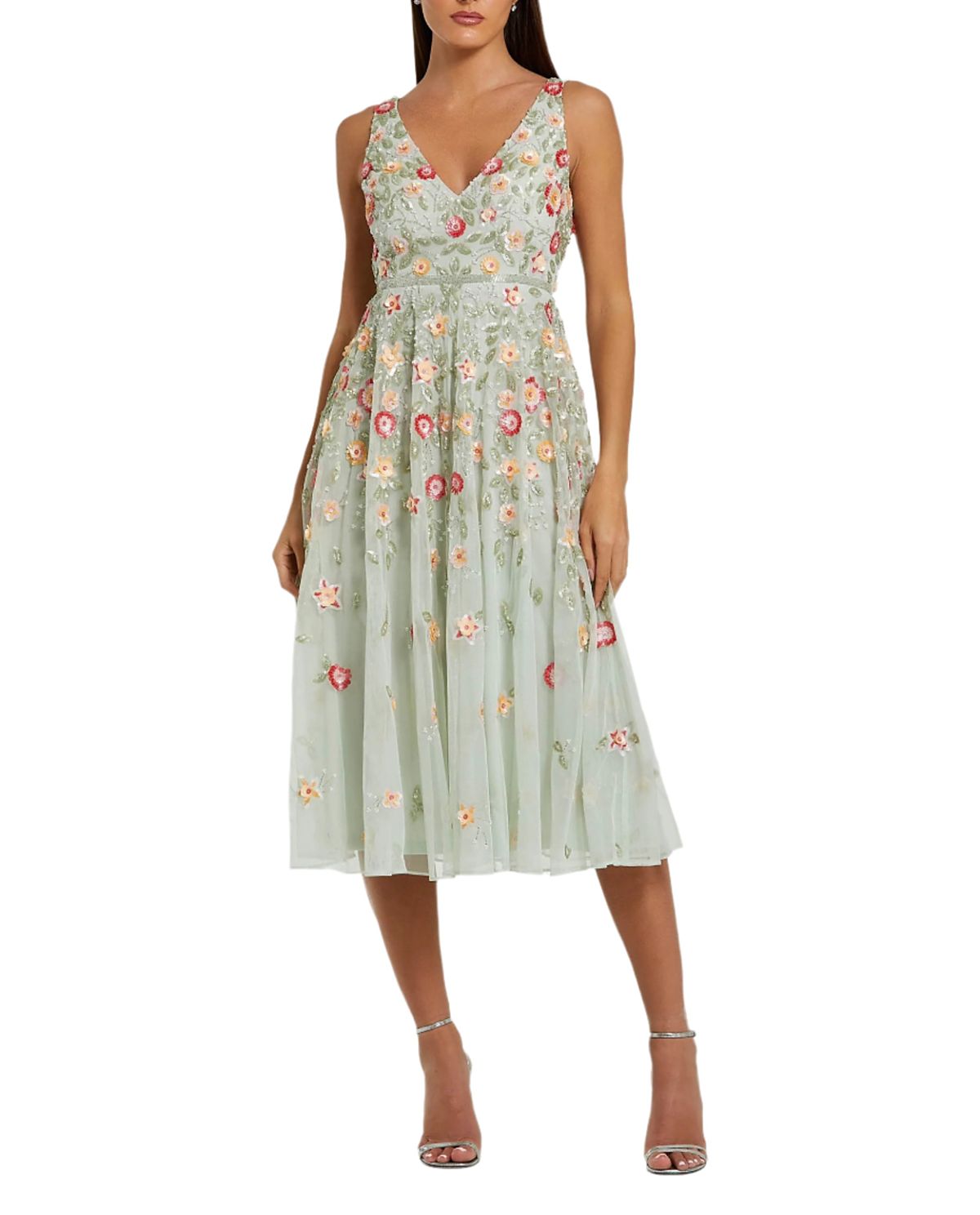Mac Duggal Floral Embellished V-Neck Midi Dress