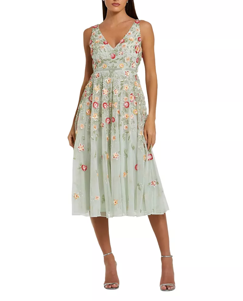 Mac Duggal Floral Embellished V-Neck Midi Dress