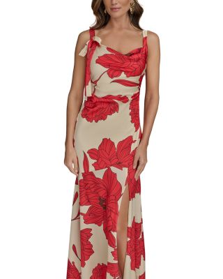 Satin Floral Draped Neck Gown