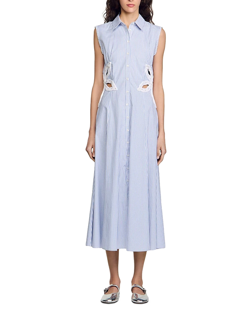 Sandro Womens Bleus Stripe-print Embroidered Stretch-cotton Maxi Dress In Sky Blue