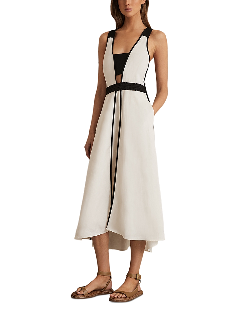 Reiss Womens Ivory Black Valencia Contrast-binding Linen-blend Midi Dress In Multi
