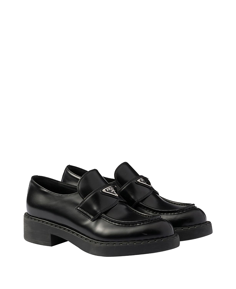 Prada Chocolate Black Brushed Leather Moccasin Women In Black