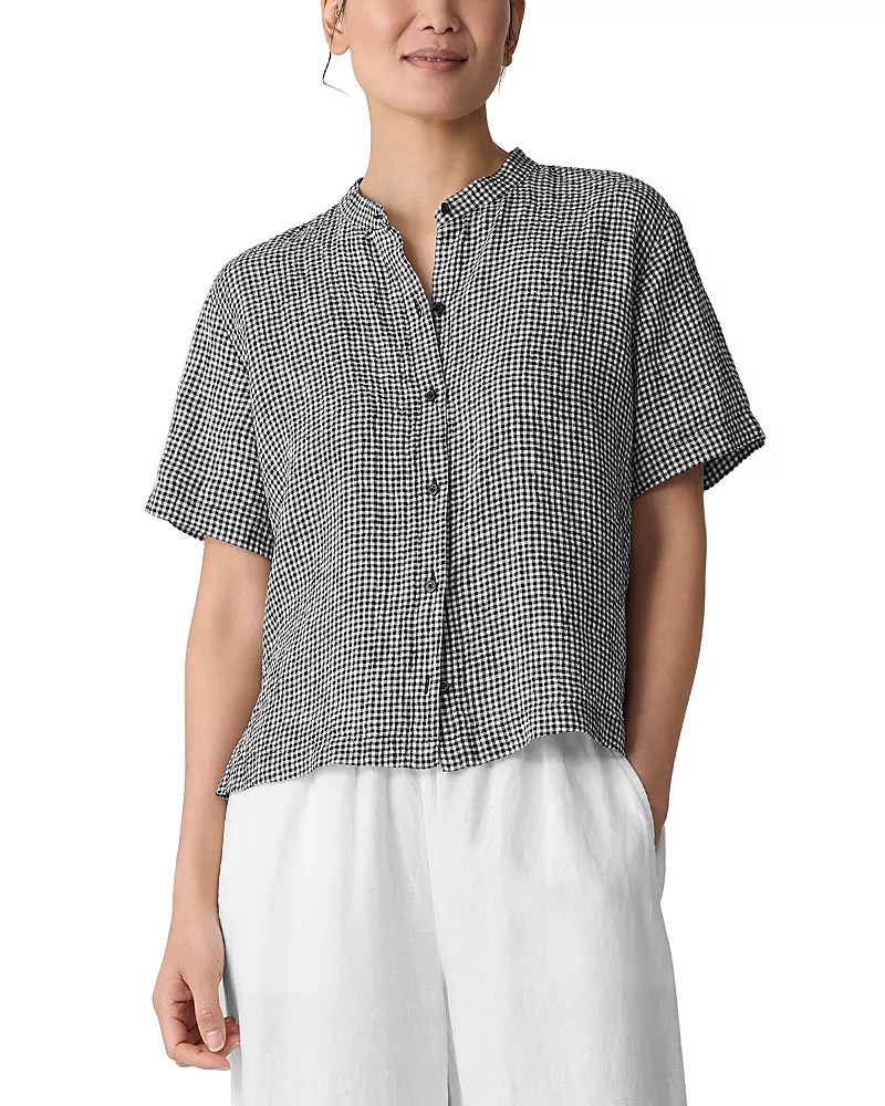 Eileen Fisher Puckered Linen Mandarin Collar Shirt