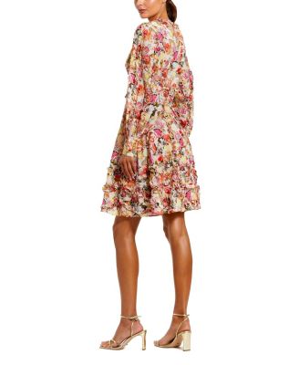 Ruffle Floral V Neck Cotton Mini Dress