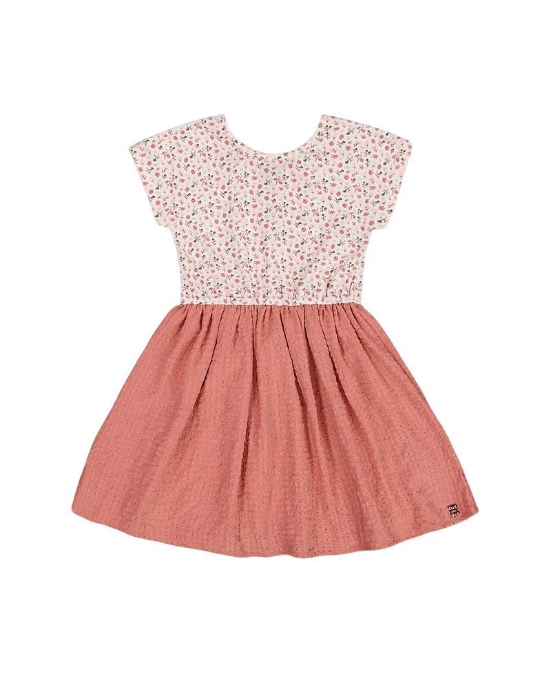 Deux Par Deux Little Girl's Bi-material Dress With Printed Top Small Flowers And Pink In Small Flowers And Pink
