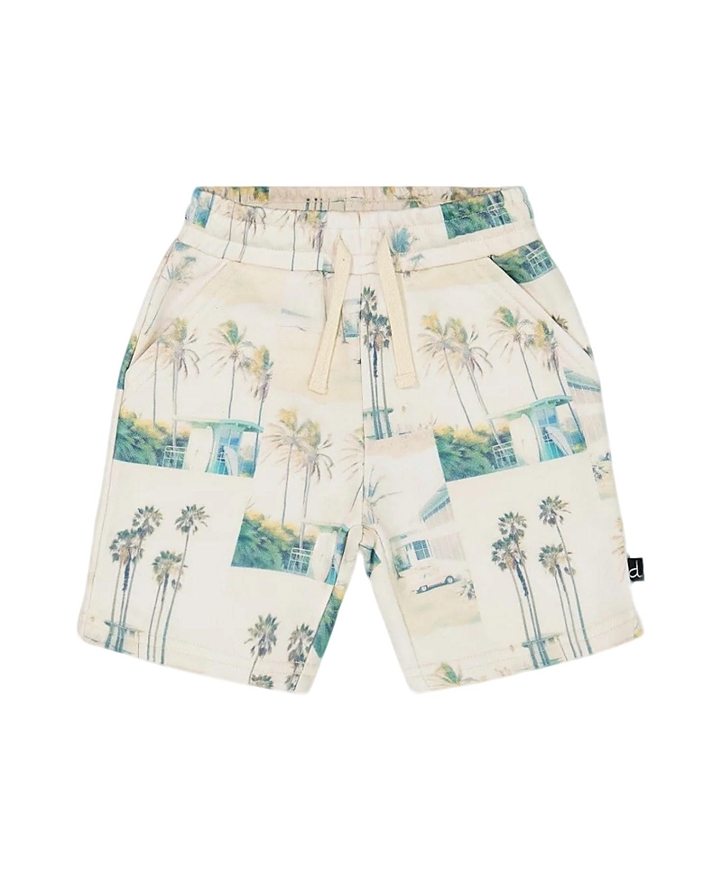 Deux Par Deux Little Boy's Printed French Terry Short Beige Palm Tree And Teal